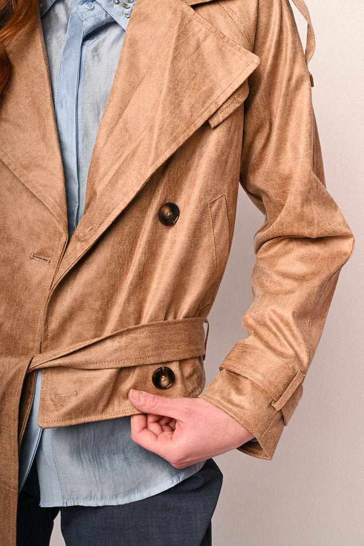 Coated faux suede cropped trench coat