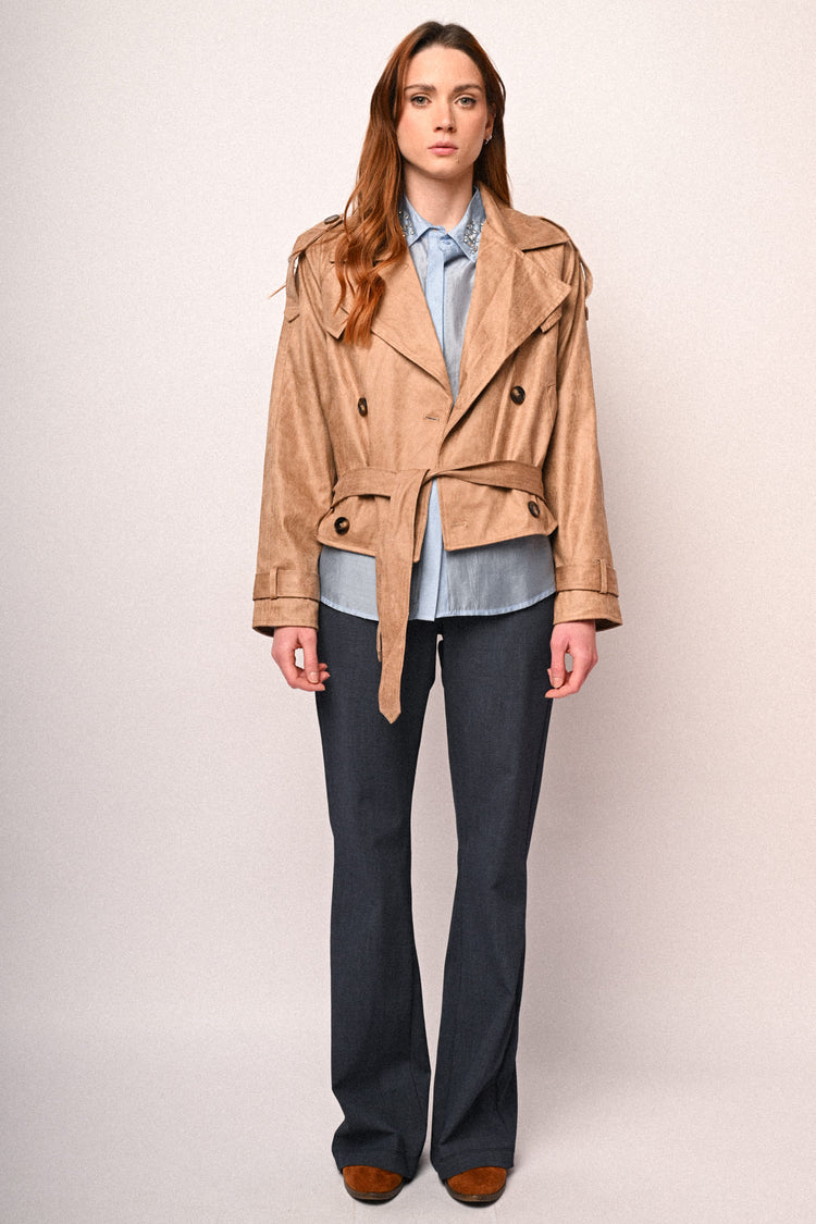 Coated faux suede cropped trench coat