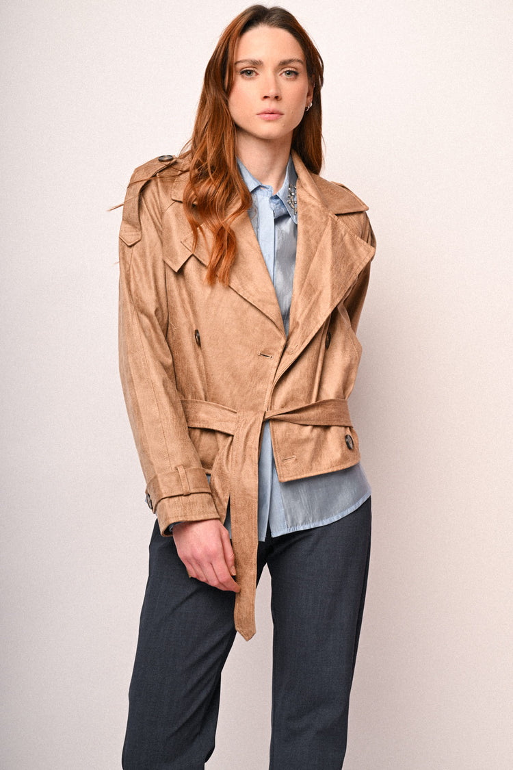 Coated faux suede cropped trench coat