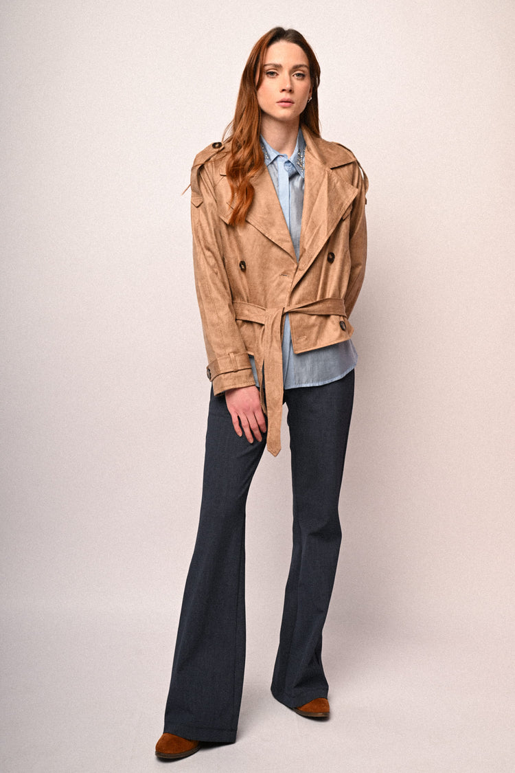 Coated faux suede cropped trench coat