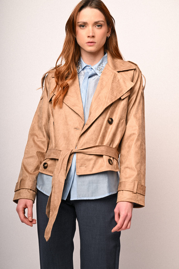 Coated faux suede cropped trench coat