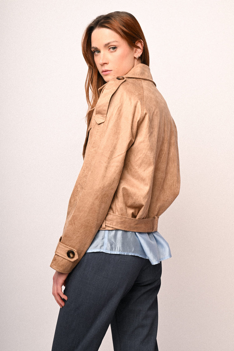Coated faux suede cropped trench coat