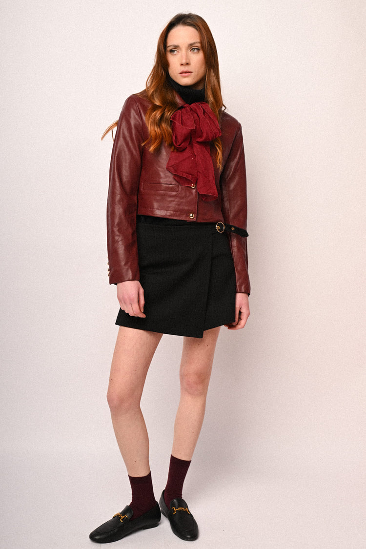 Scarf-detail faux leather jacket