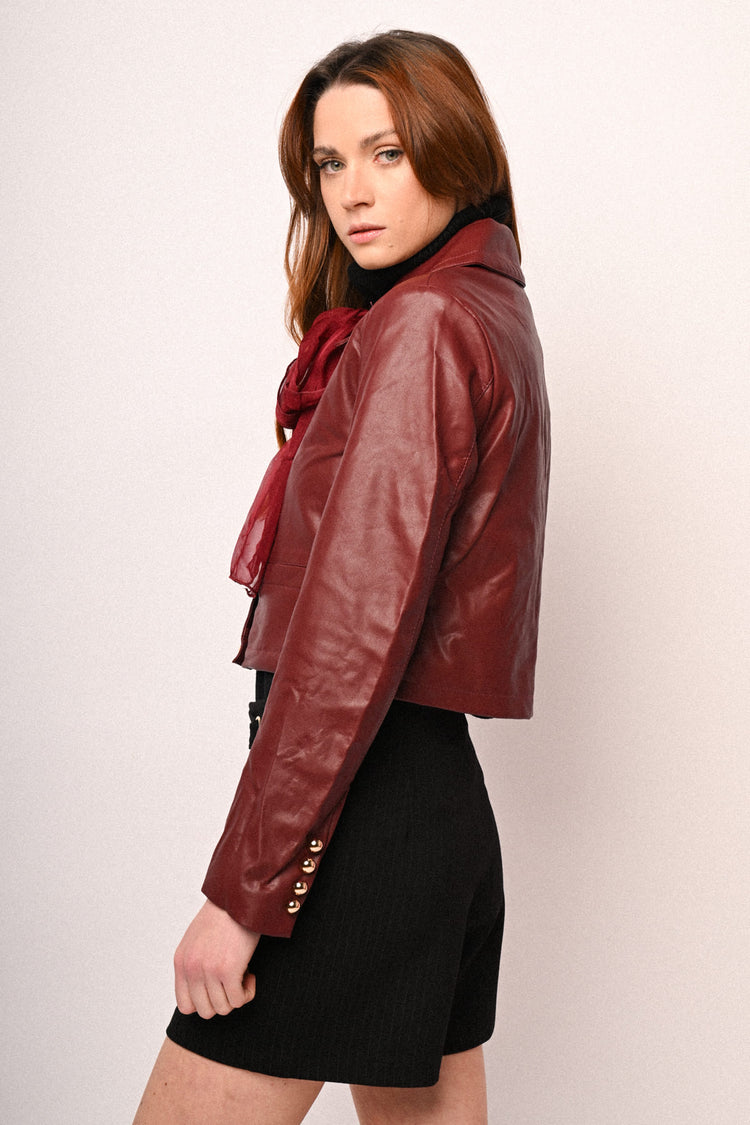 Scarf-detail faux leather jacket