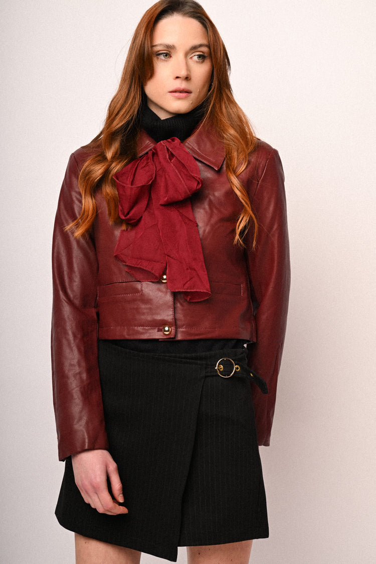 Scarf-detail faux leather jacket