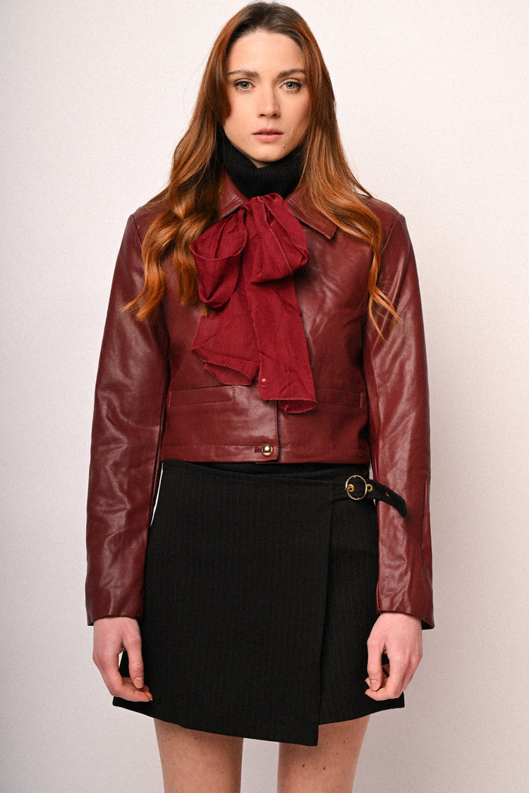 Scarf-detail faux leather jacket