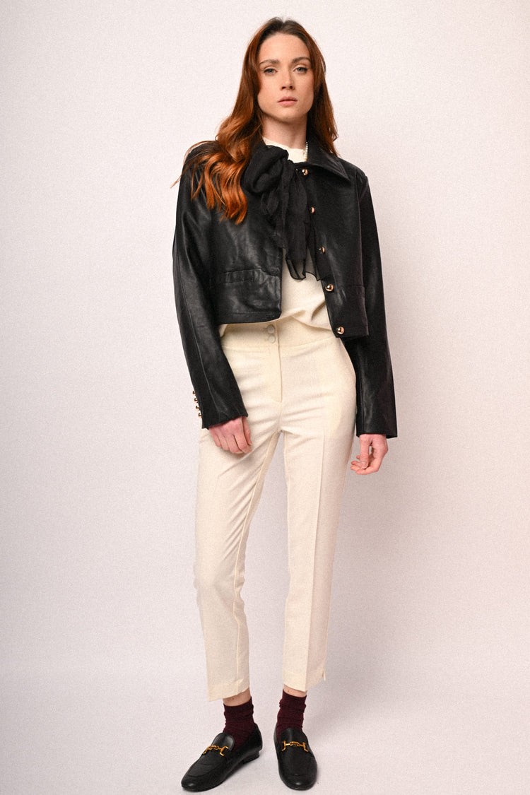 Scarf-detail faux leather jacket