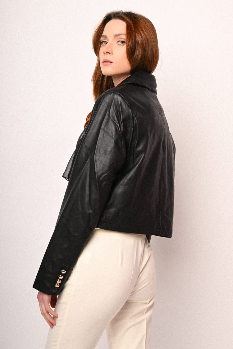 Scarf-detail faux leather jacket