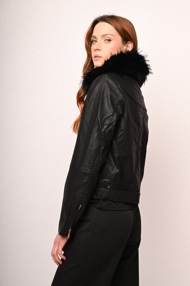 Faux fur collar faux leather jacket