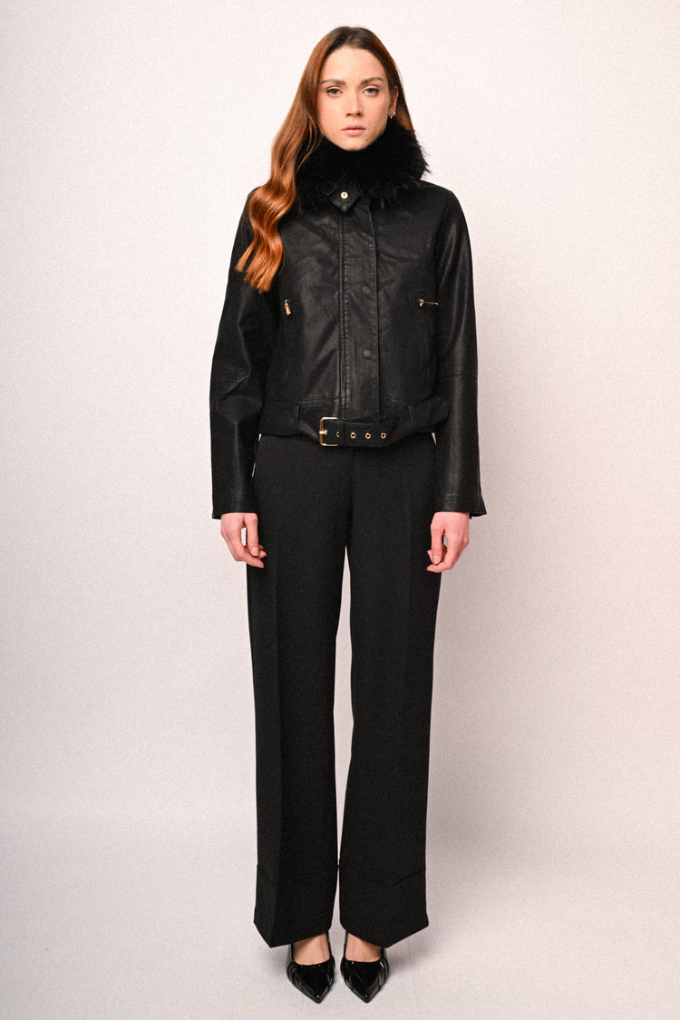 Faux fur collar faux leather jacket