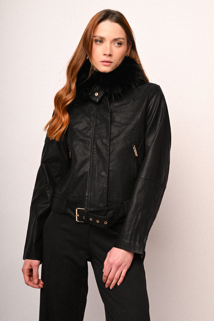Faux fur collar faux leather jacket