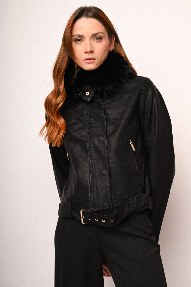 Faux fur collar faux leather jacket