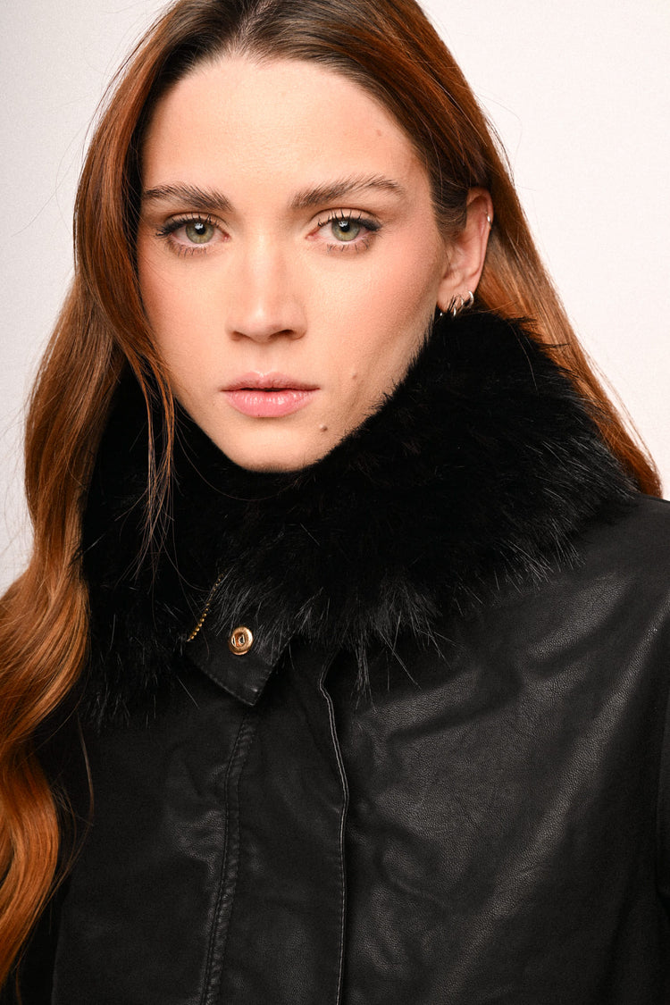 Faux fur collar faux leather jacket