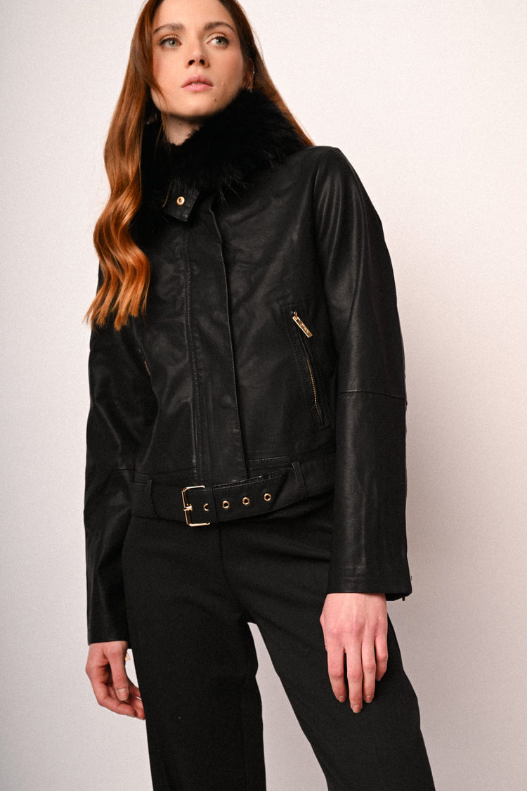 Faux fur collar faux leather jacket