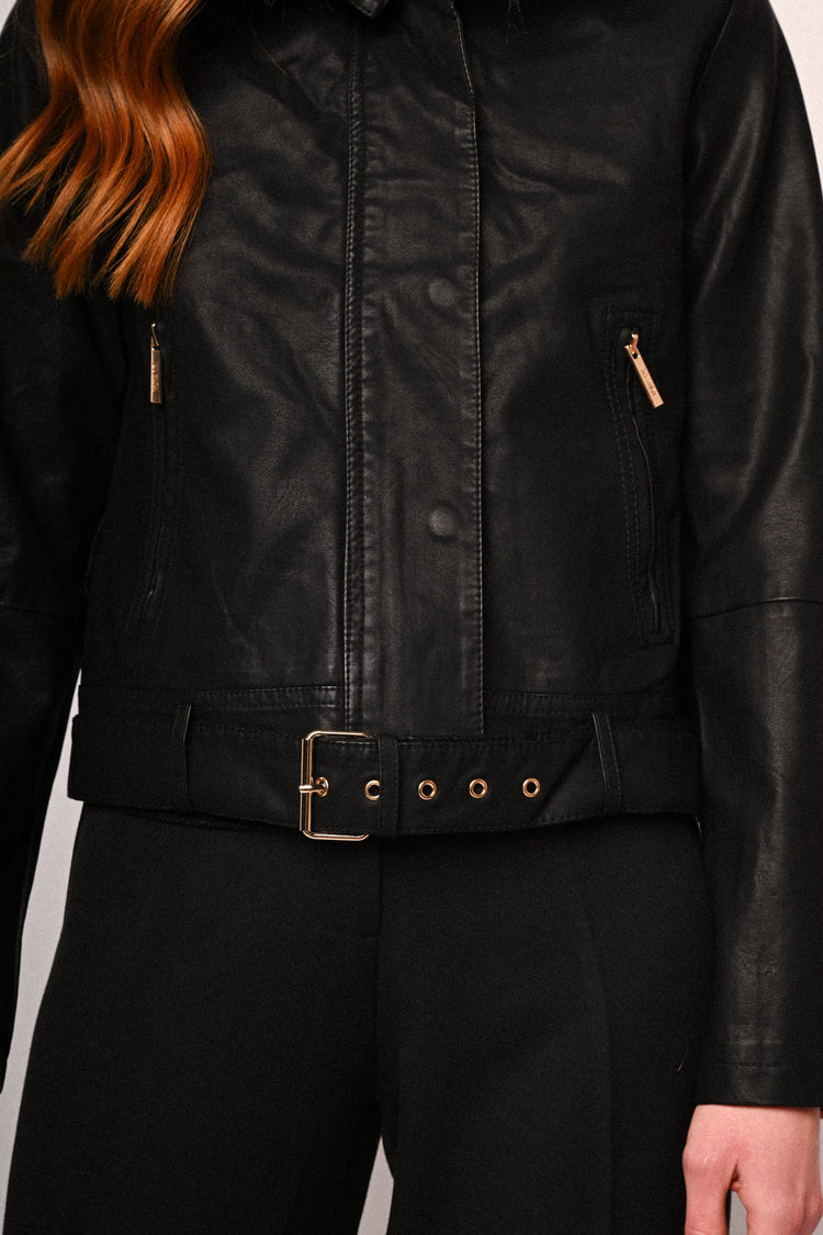 Faux fur collar faux leather jacket