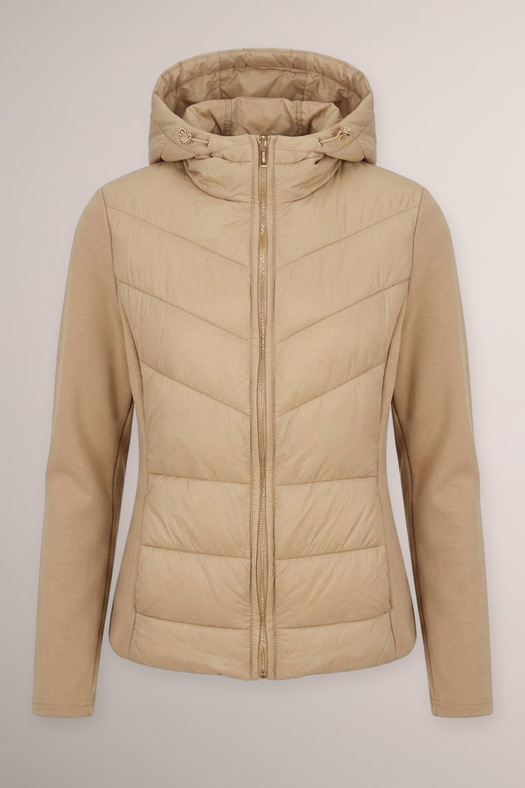 Camel-tone nylon and fleece bi-material down jacket
