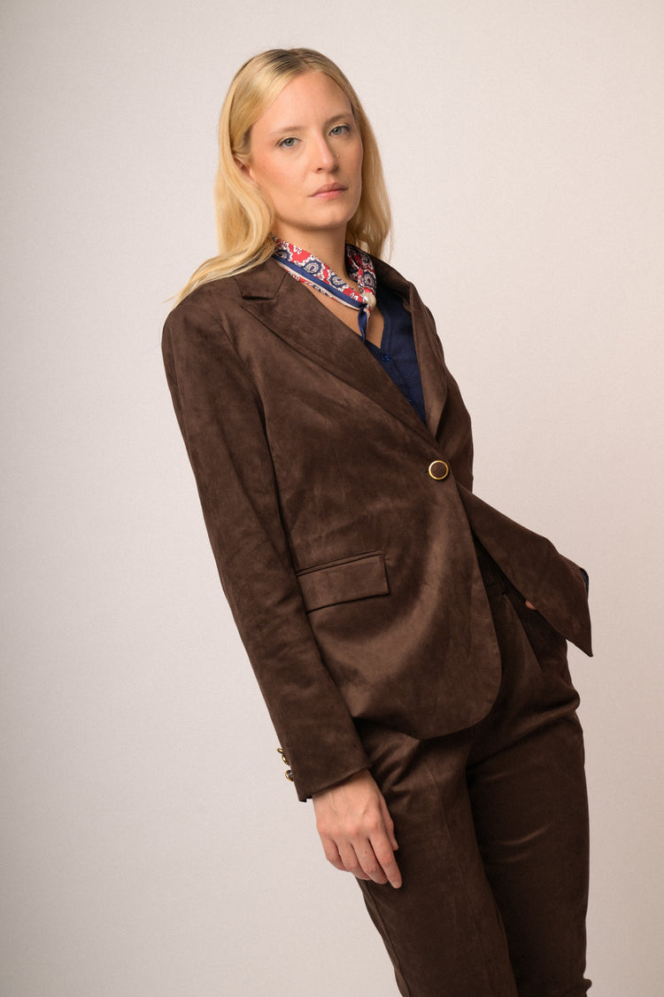 Dark brown velour blazer with gold-tone button