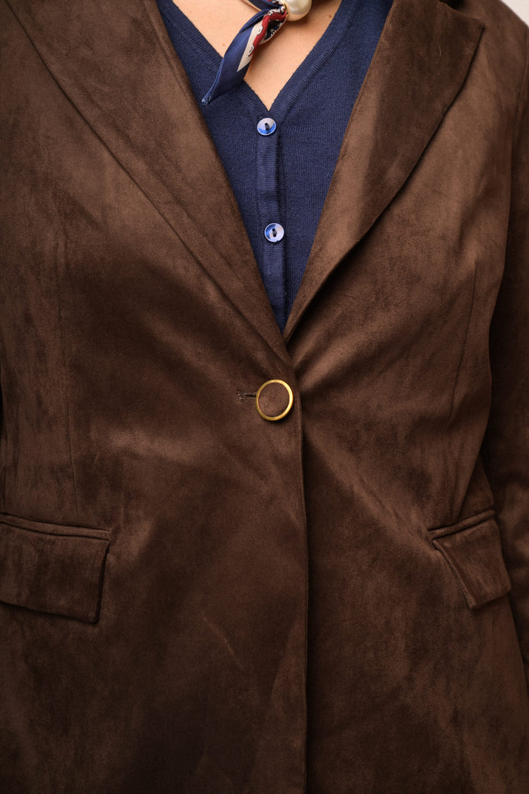 Dark brown velour blazer with gold-tone button