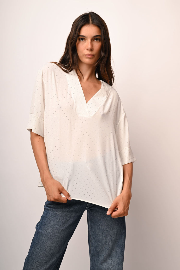Rhinestones and V-neck blouse
