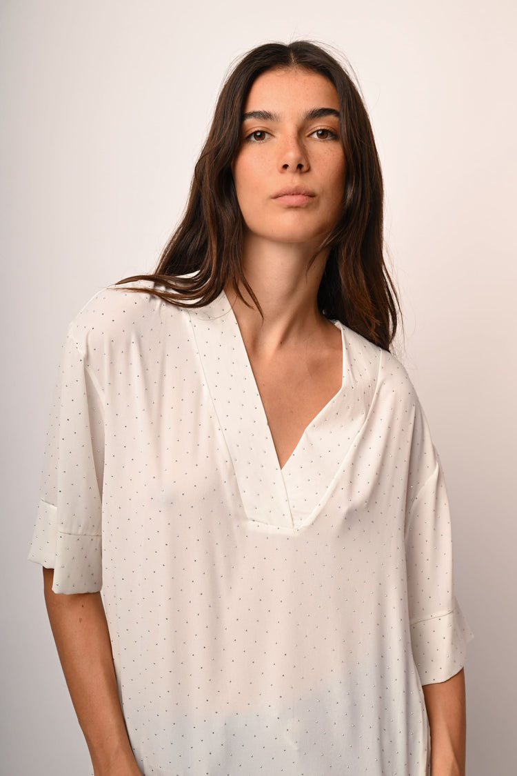 Rhinestones and V-neck blouse
