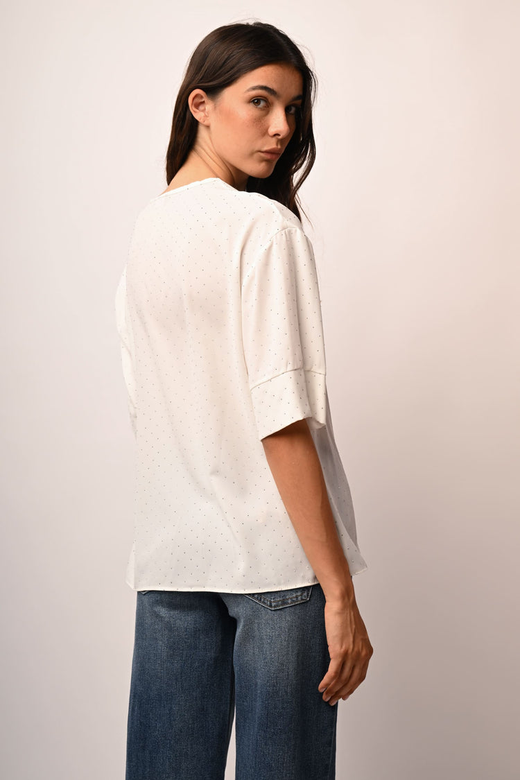 Rhinestones and V-neck blouse