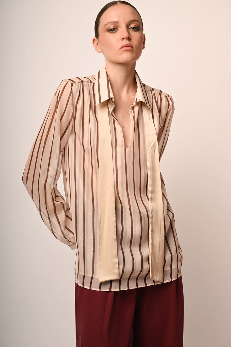 Pussy bow neck striped shirt