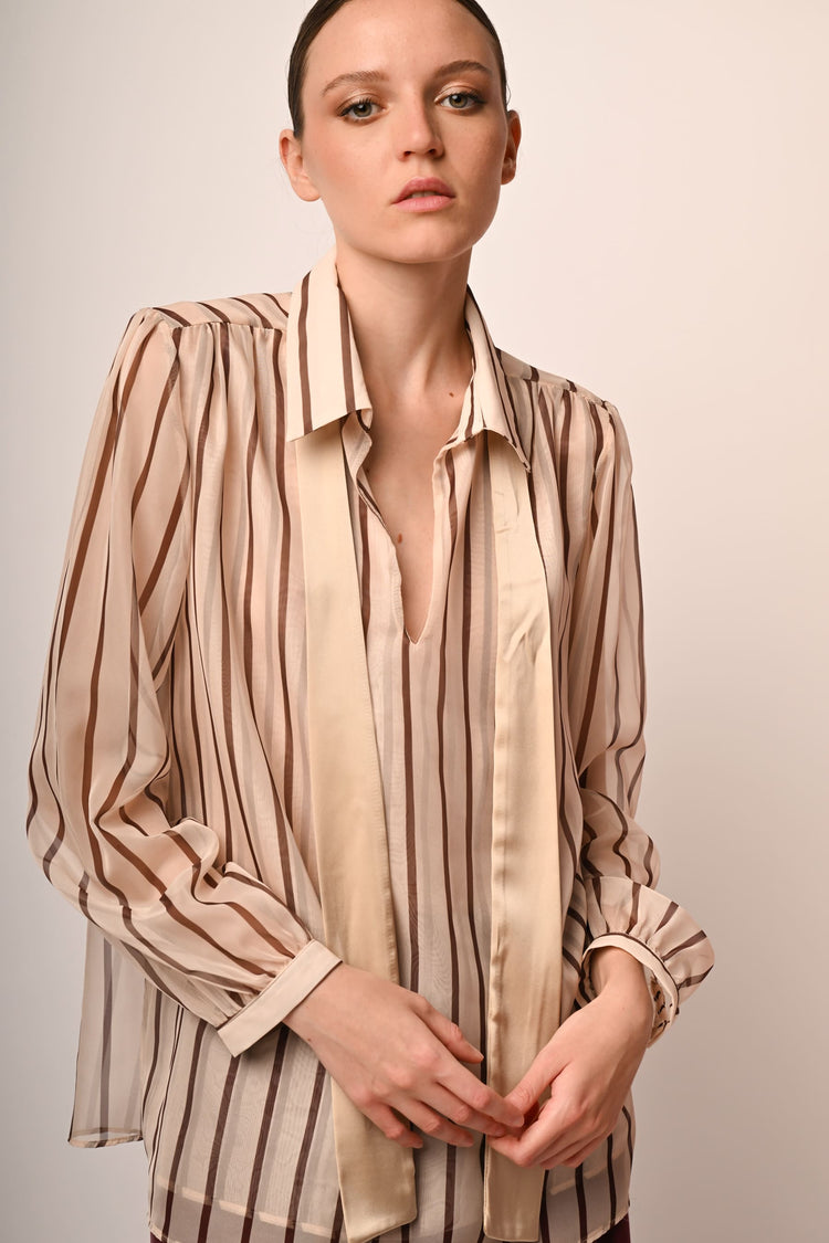 Pussy bow neck striped shirt