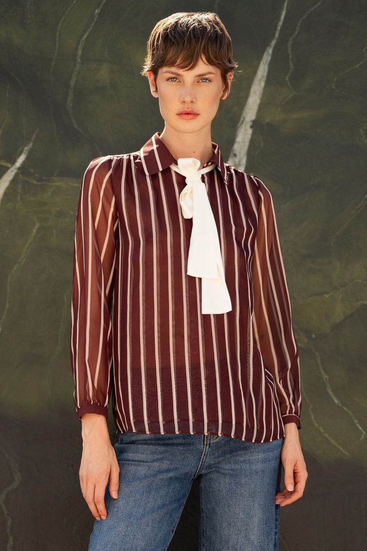 Pussy bow neck striped shirt