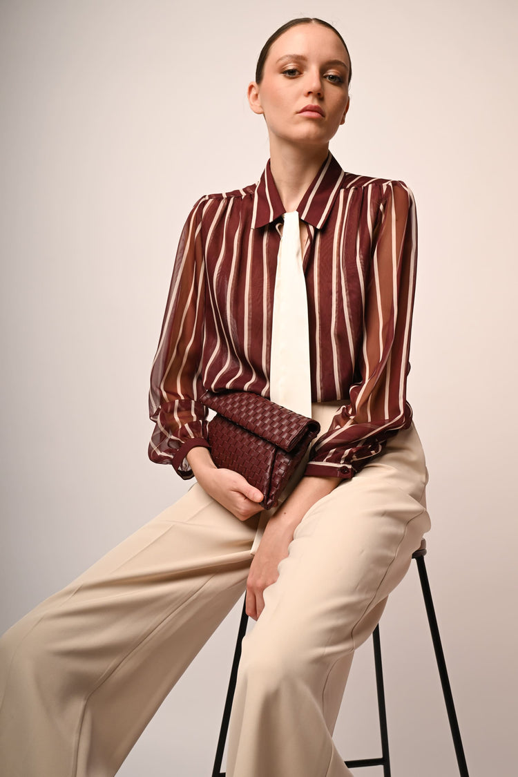Pussy bow neck striped shirt
