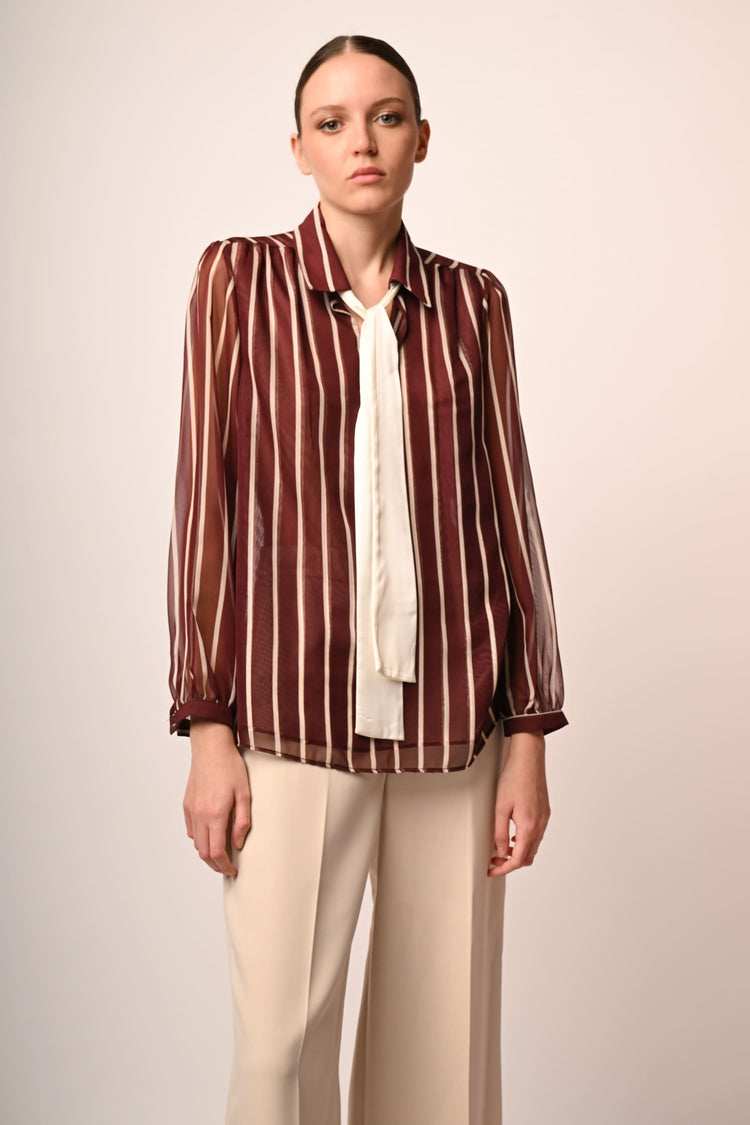 Pussy bow neck striped shirt