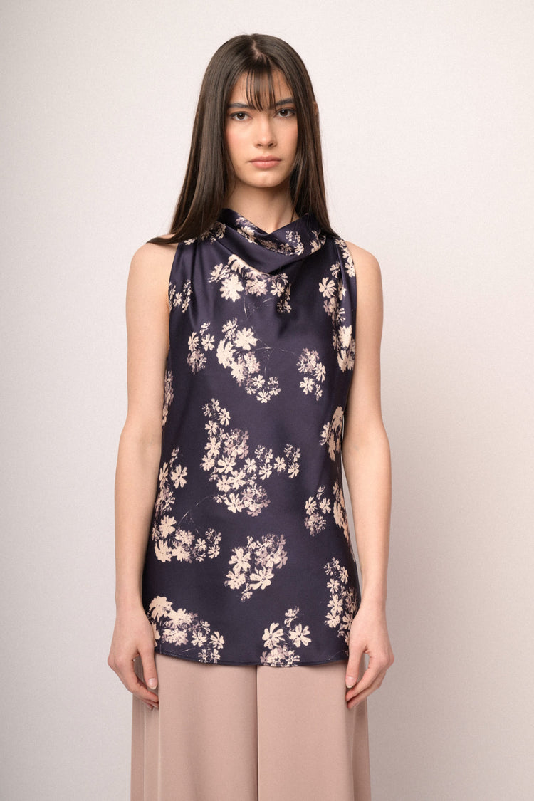 Blue floral print satin top