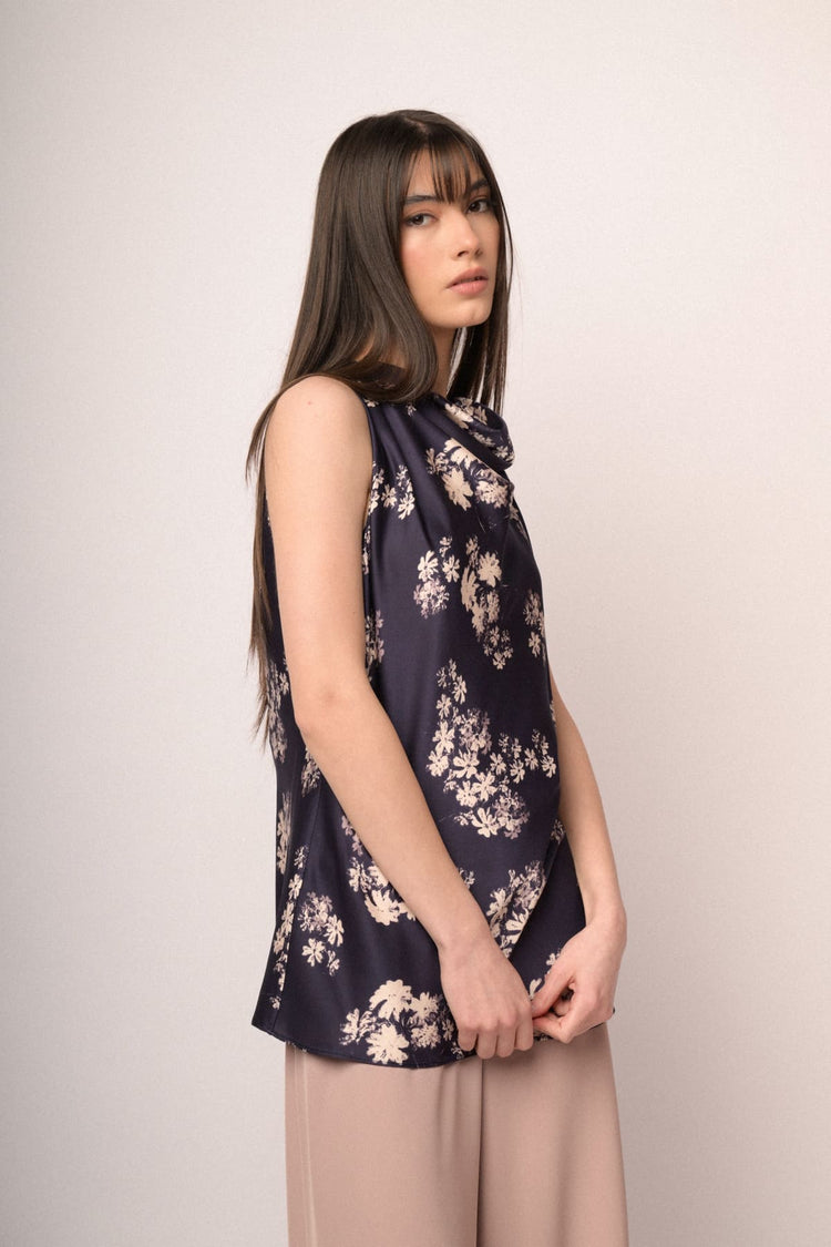 Blue floral print satin top