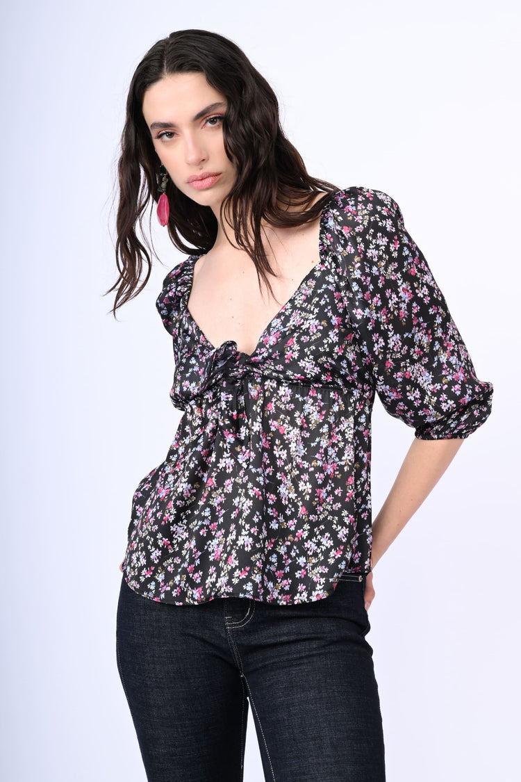 Bow-detail floral print blouse