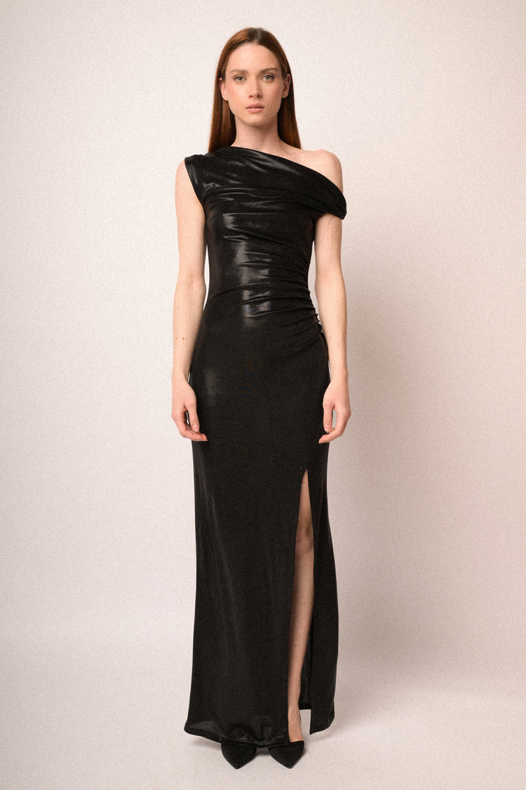Black asymmetric neckline, split and gathered long dress