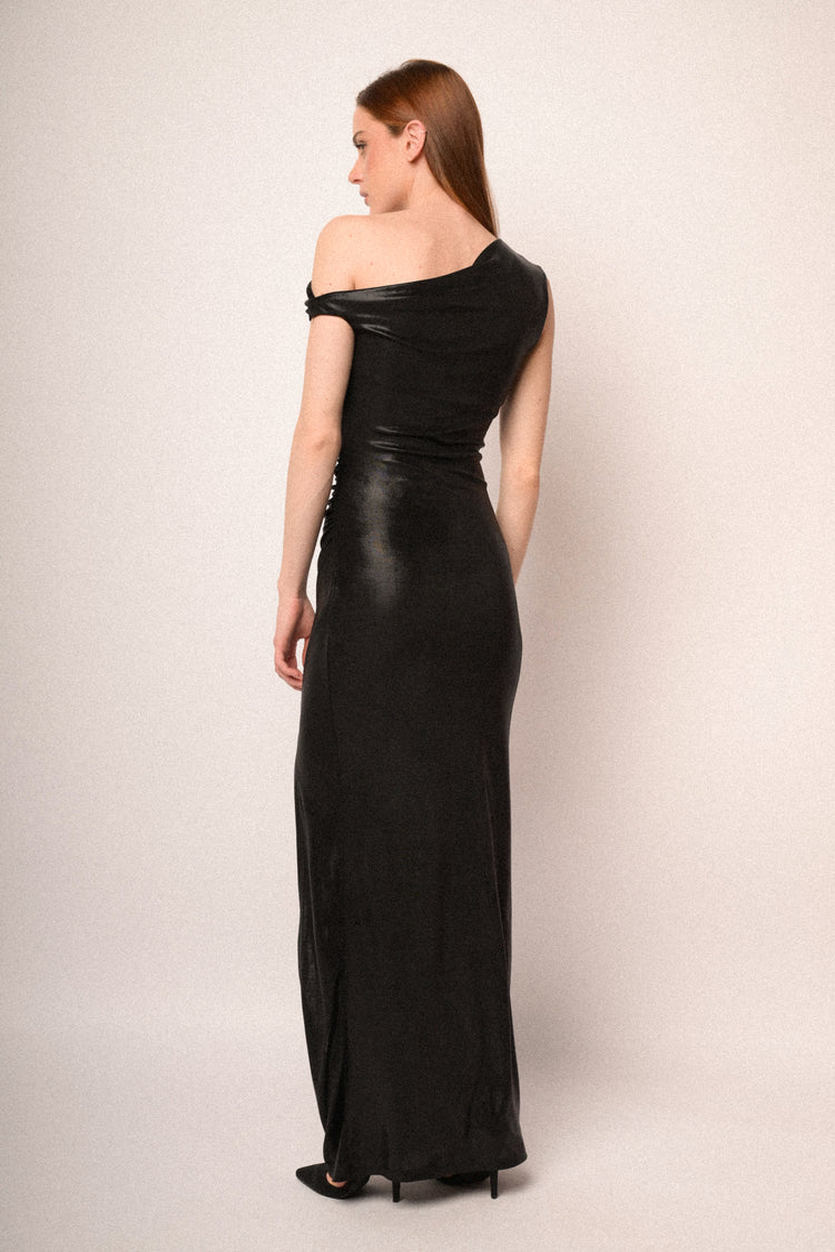Black asymmetric neckline, split and gathered long dress