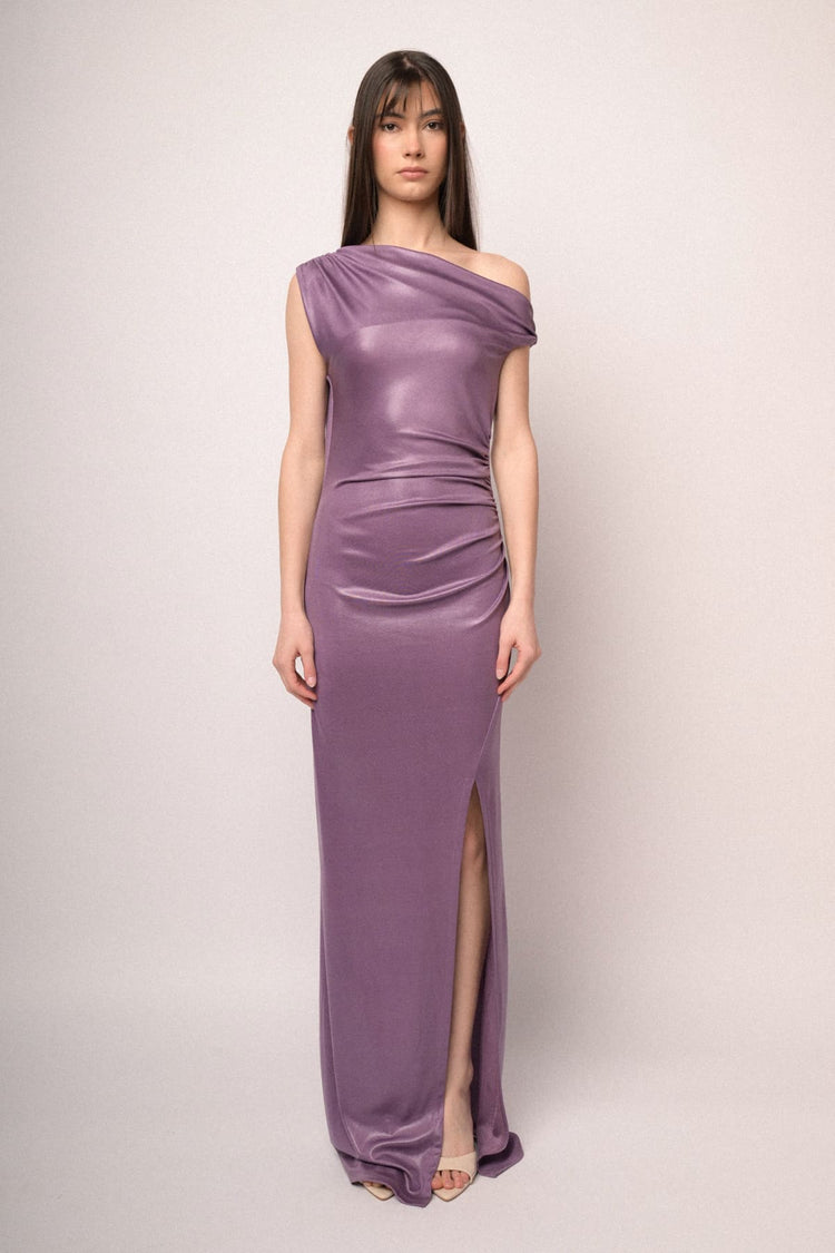 Lilac asymmetric neckline, split and gathered long dress