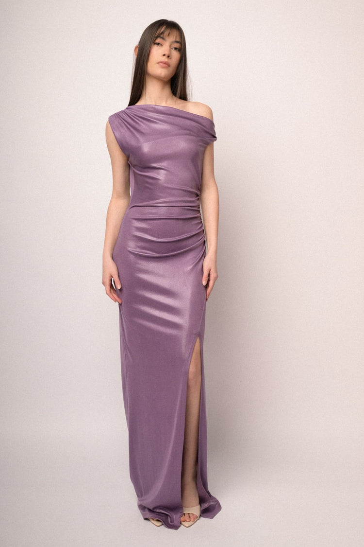 Lilac asymmetric neckline, split and gathered long dress