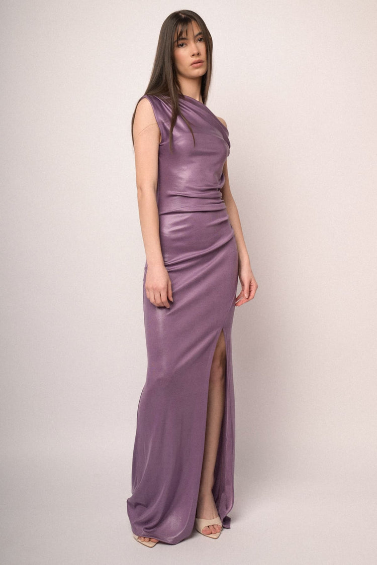 Lilac asymmetric neckline, split and gathered long dress