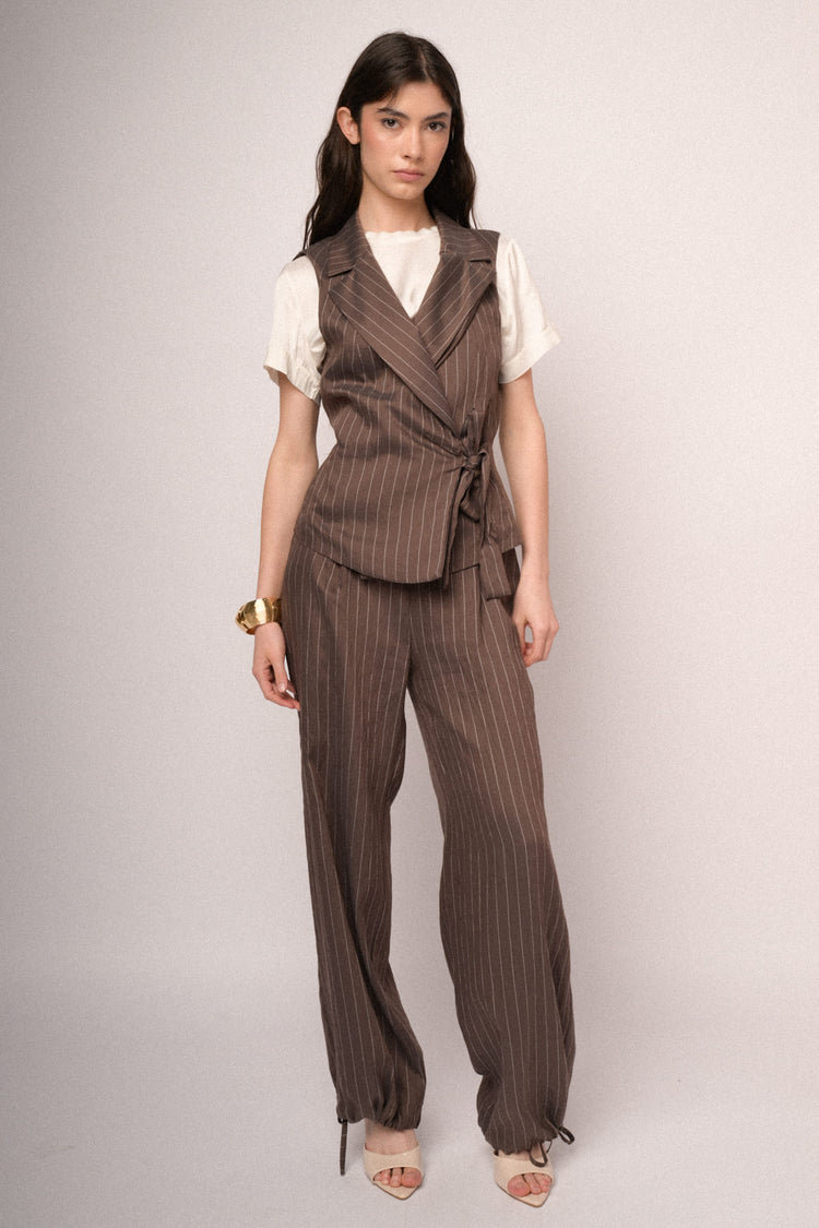 Drawstring hem chocolate pinstriped wide-leg trousers