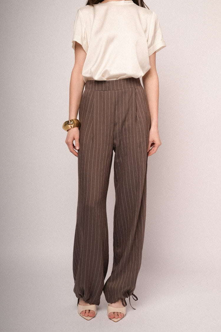 Drawstring hem chocolate pinstriped wide-leg trousers