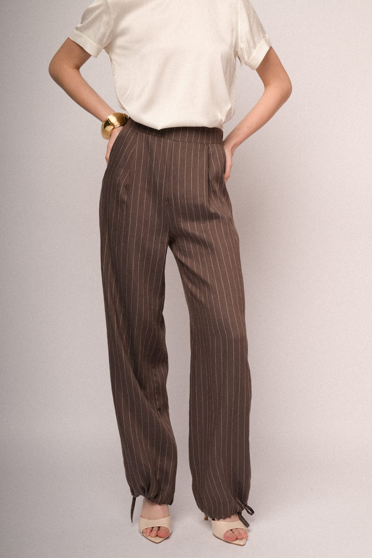 Drawstring hem chocolate pinstriped wide-leg trousers