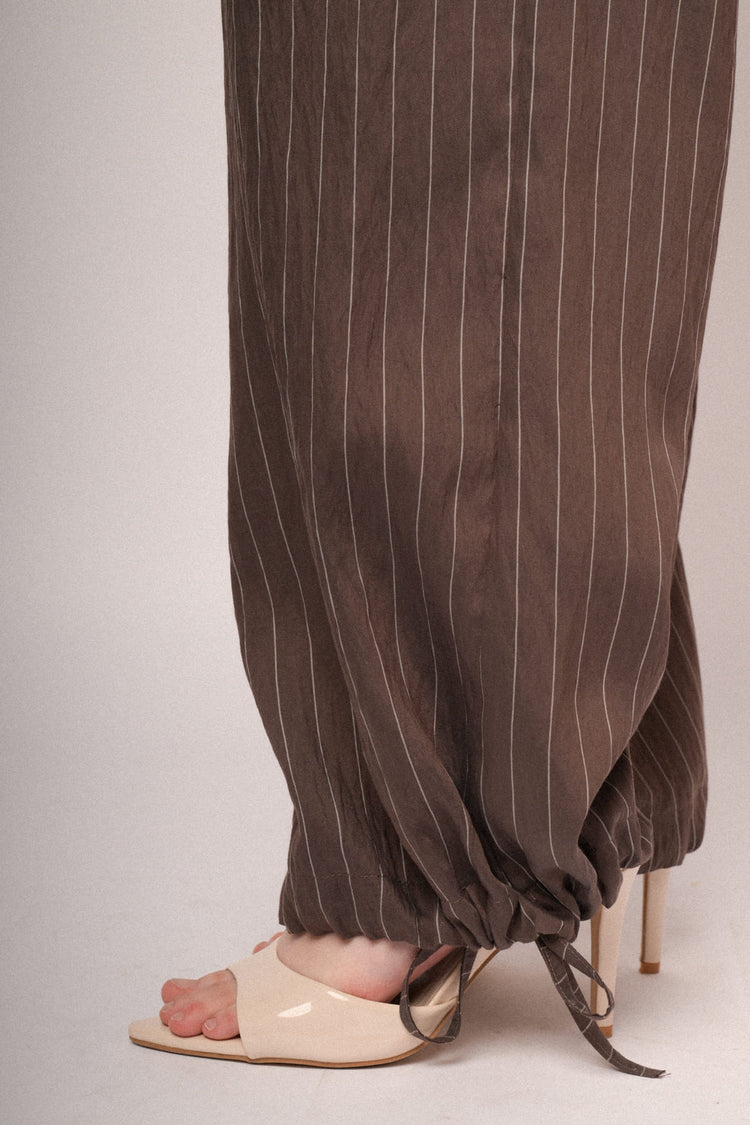 Drawstring hem chocolate pinstriped wide-leg trousers
