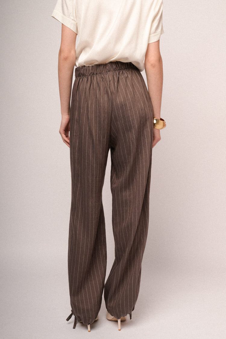 Drawstring hem chocolate pinstriped wide-leg trousers