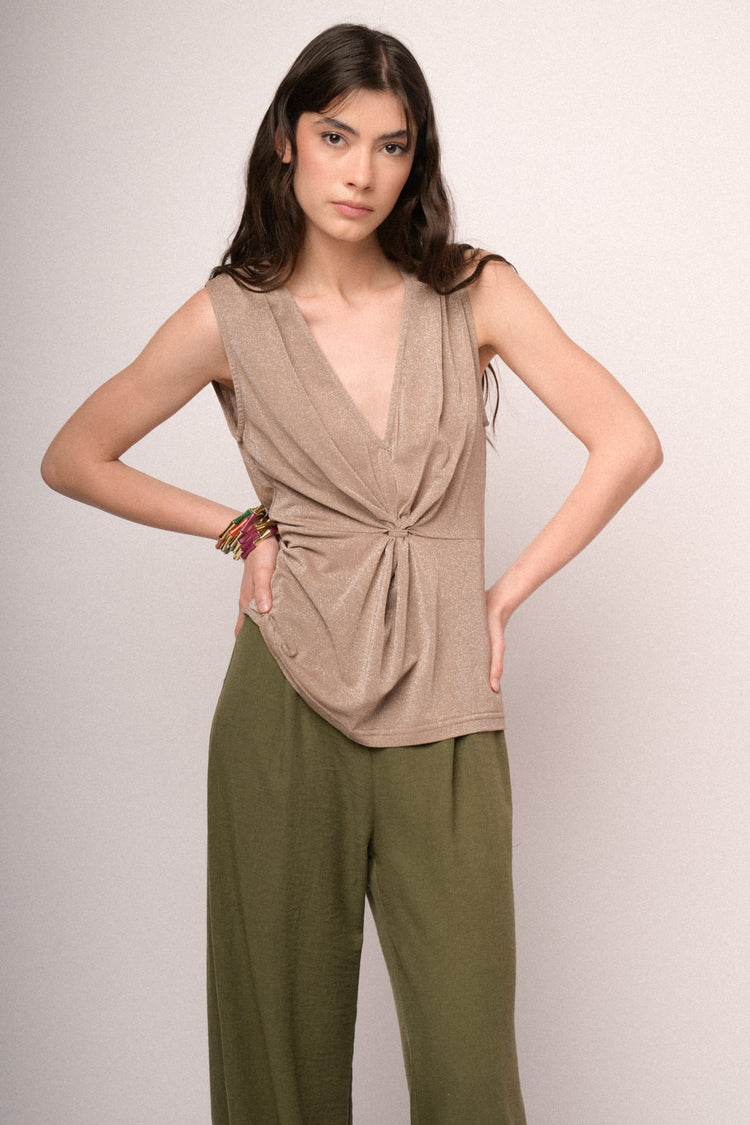 Beige knot lurex knit top