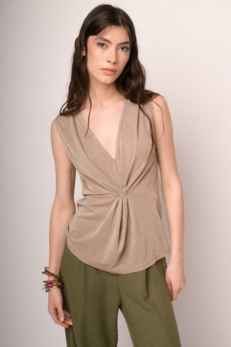 Beige knot lurex knit top