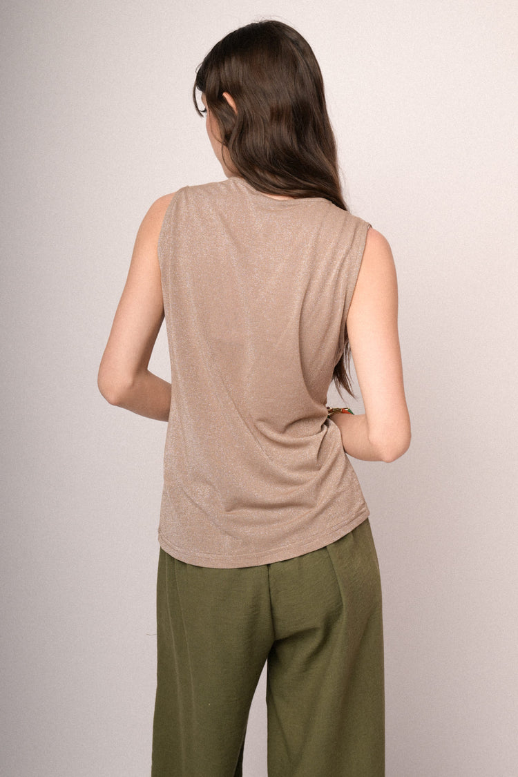 Beige knot lurex knit top