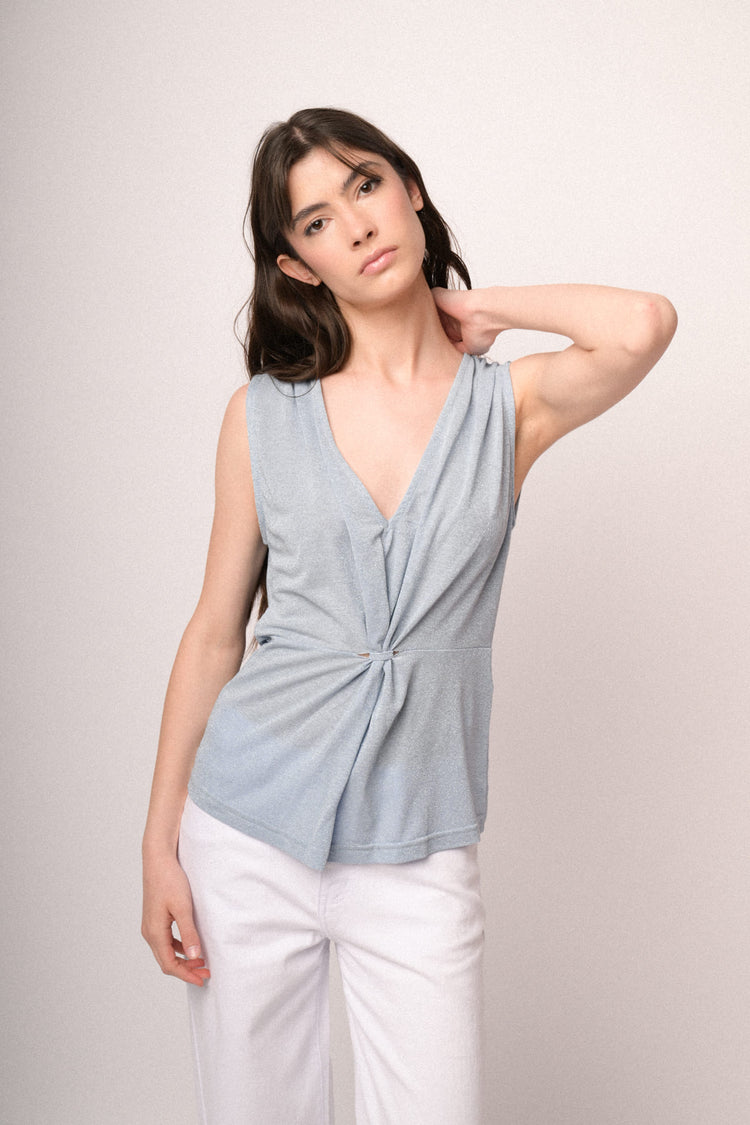 Sky blue knot lurex knit top