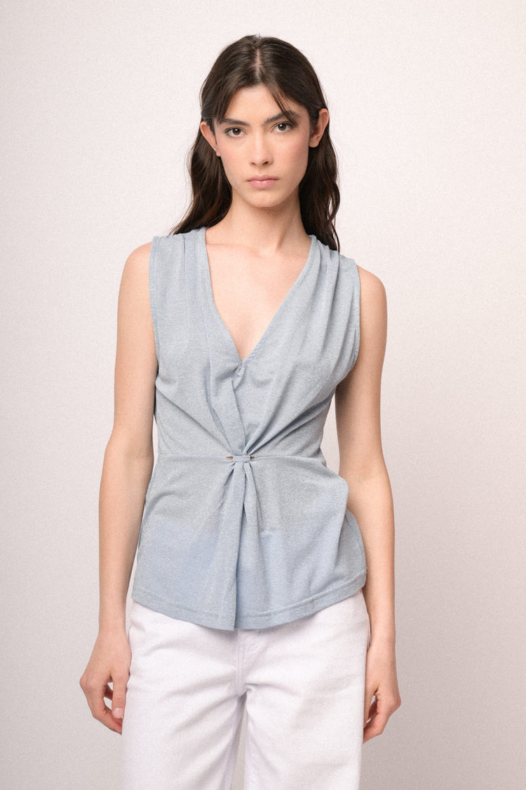 Sky blue knot lurex knit top
