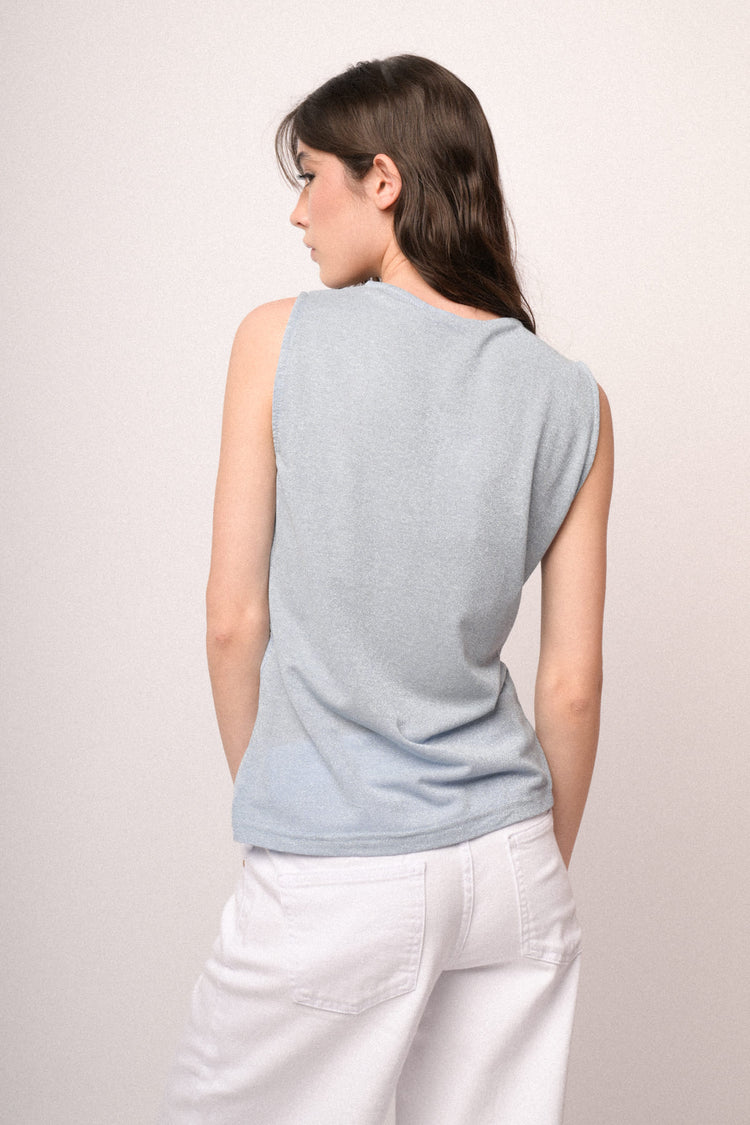 Sky blue knot lurex knit top