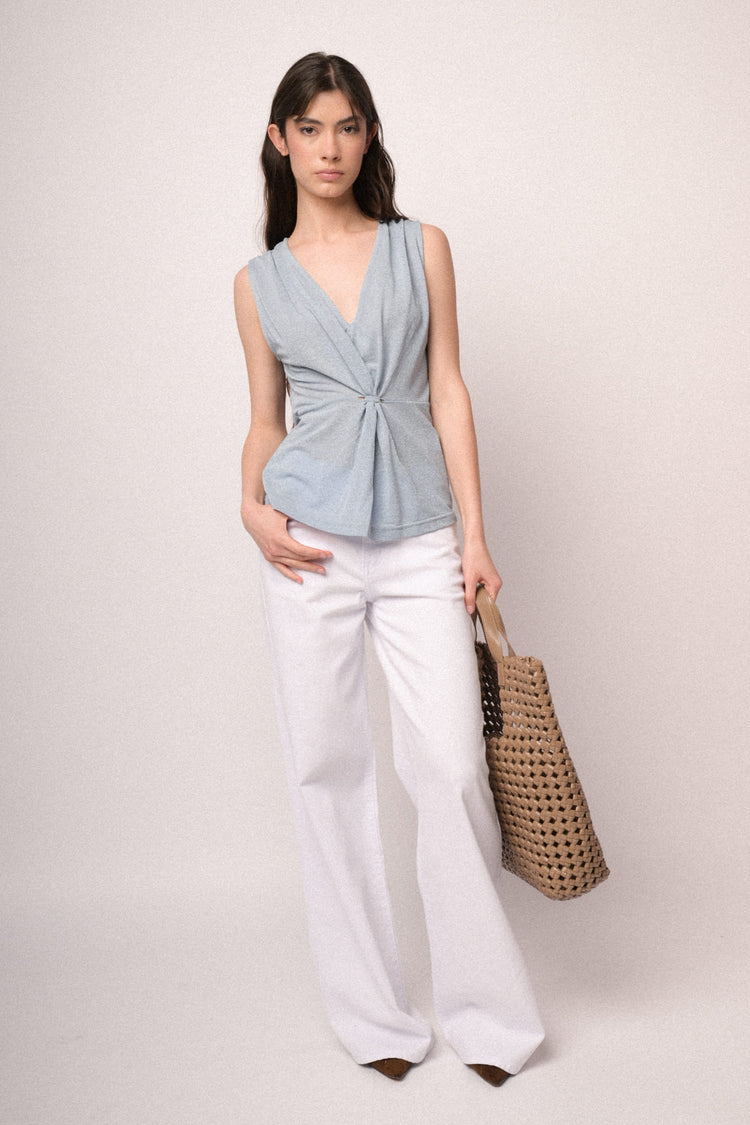 Sky blue knot lurex knit top